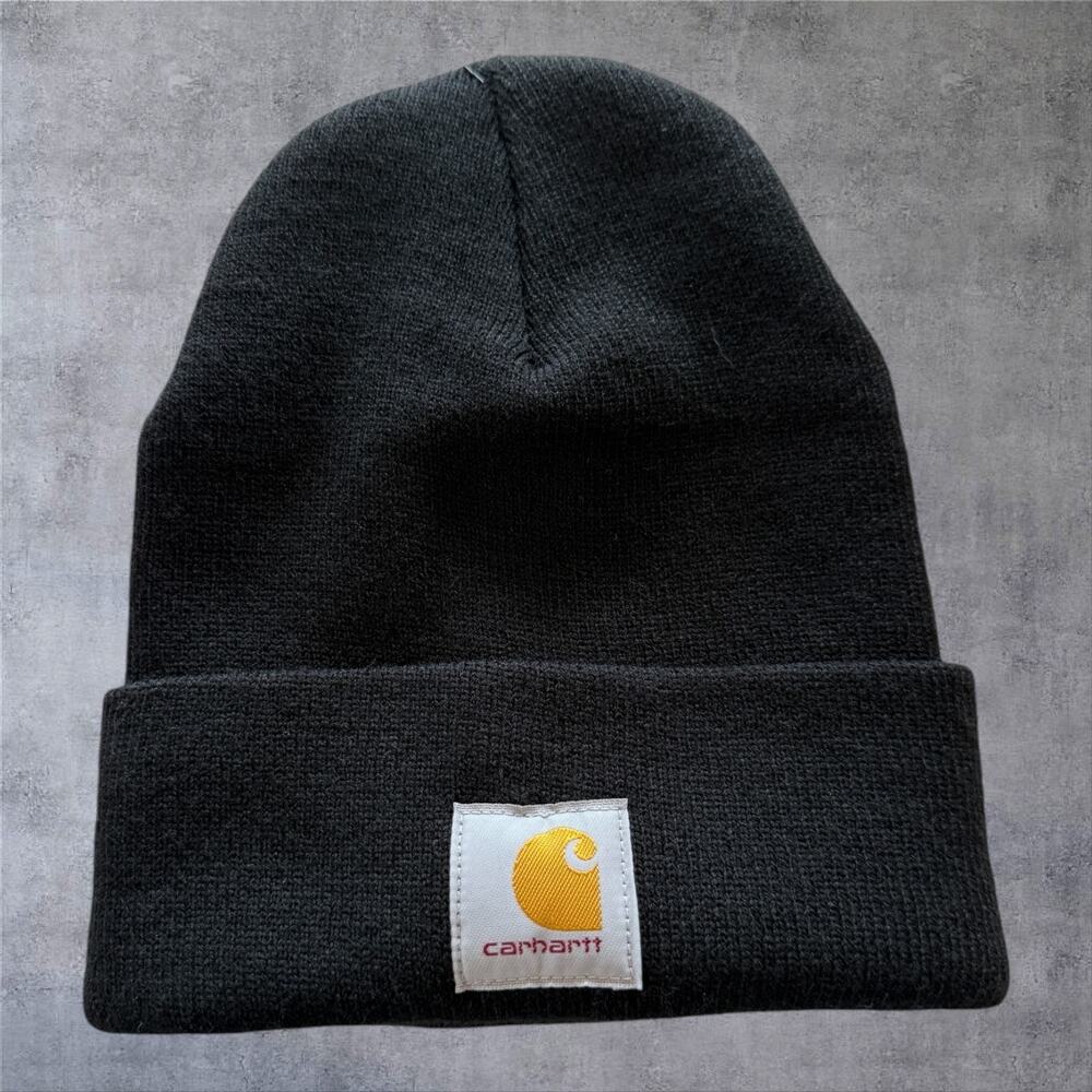 NWT Carhartt Crew Beanie Hat A18 Black Knit Cuffed Double Sided Logo Watch Cap